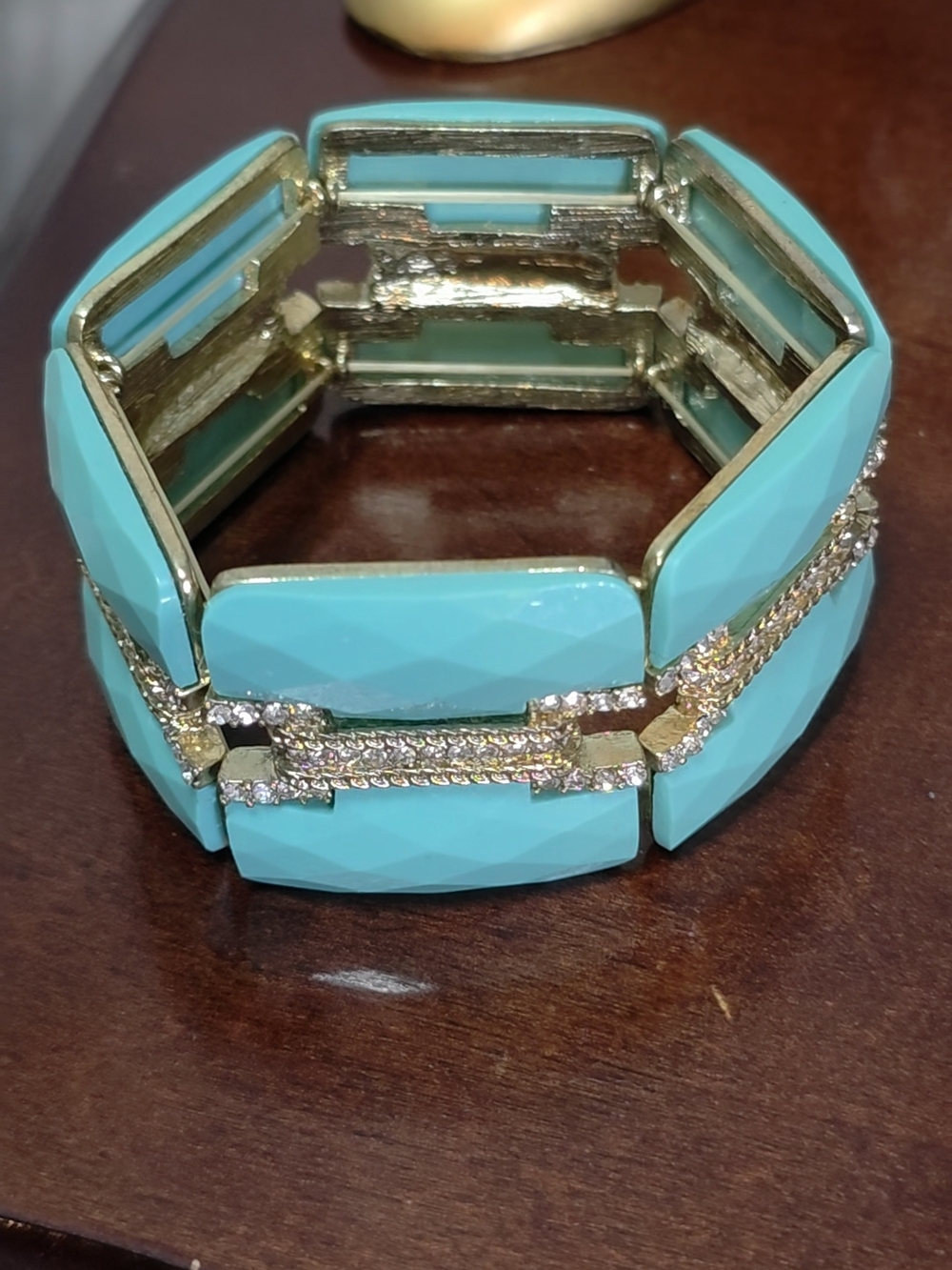 Turquoise Faceted Link Stretch Bracelet with Gold and Rhinestone Accents